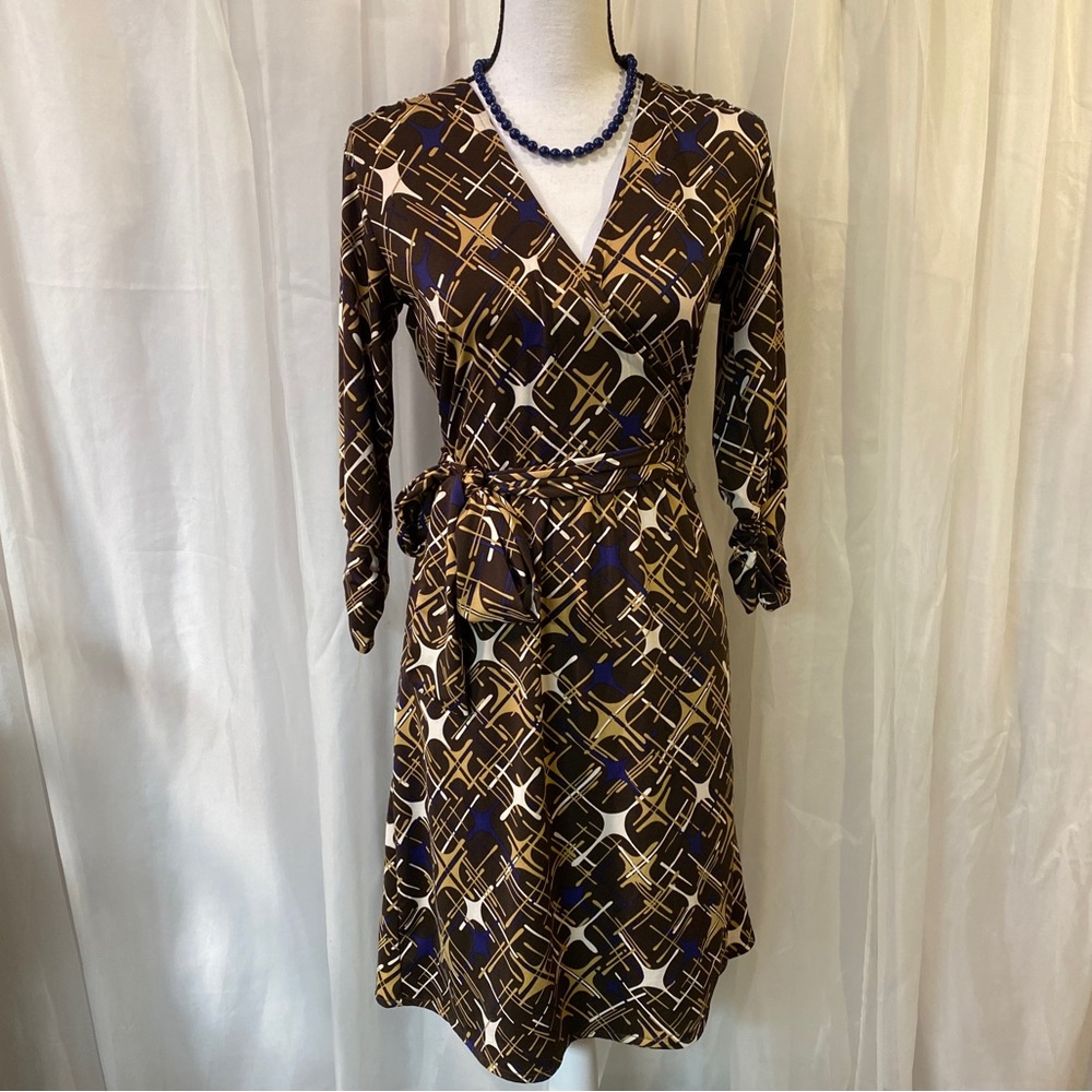 New York & Company Stretch Side Tie Faux Wrap Dress Geometric Retro - Size M